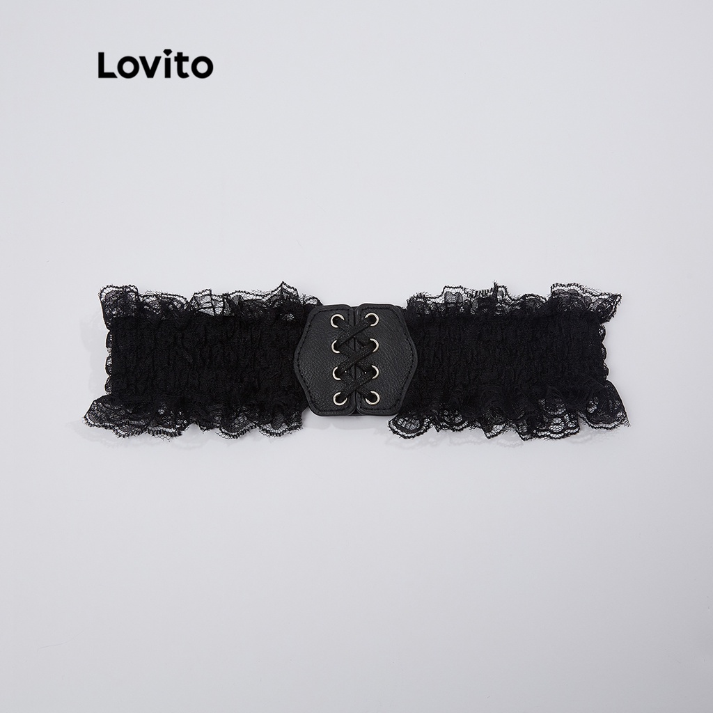 210QX Áo corset Lovito màu trơn phối dây rút cột dây qua khoen định hình cơ thể phong cách thường ngày L18X349 (Màu đen)