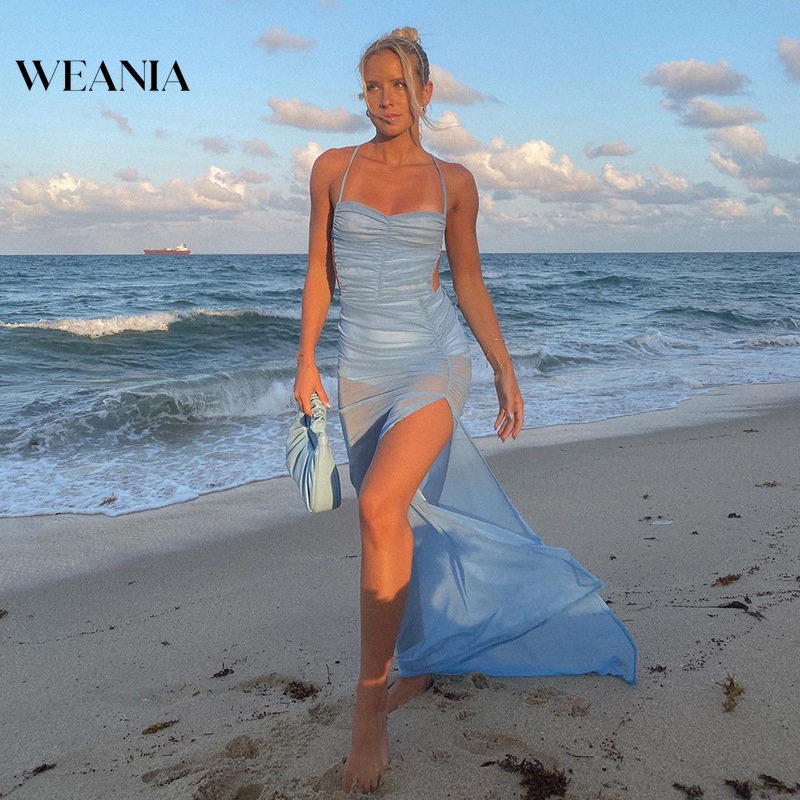 Đầm Lưới Hai Dây Dáng Dài Hở Lưng Xẻ Tà Thời Trang Dự Tiệc Cho Bạn Gái