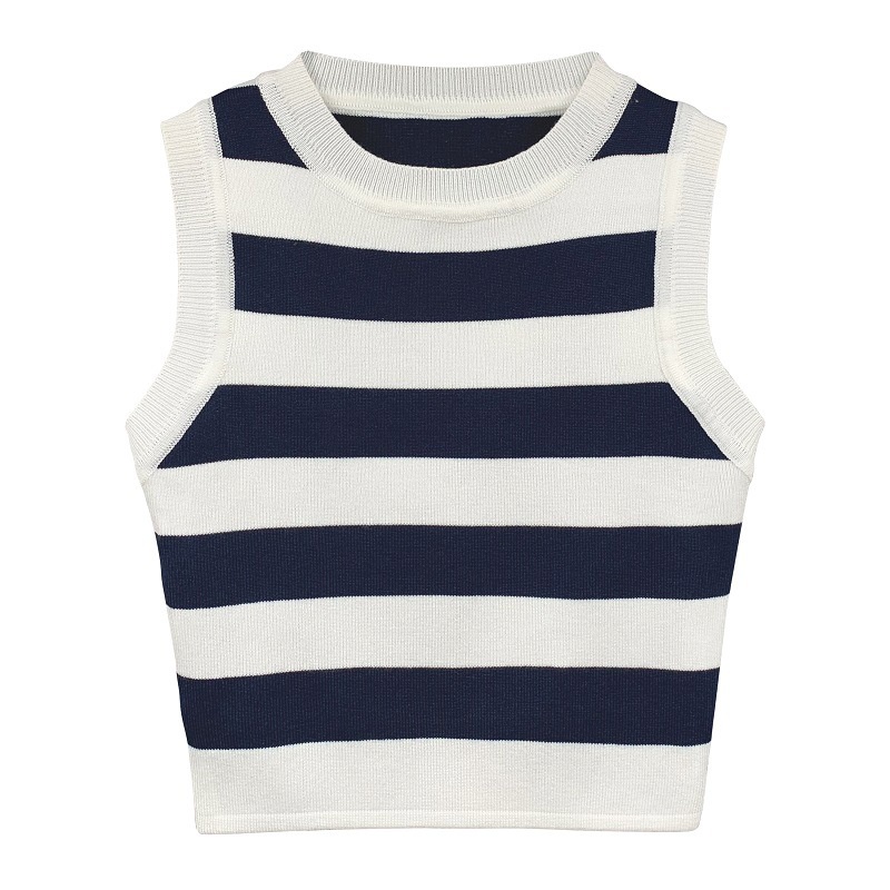 Áo Dệt Kim Ngắn Cổ Tròn Họa Tiết Kẻ Sọc Nhiều Màu Sắc Thời Trang Mùa Hè 2023 Mới Cho Nữ