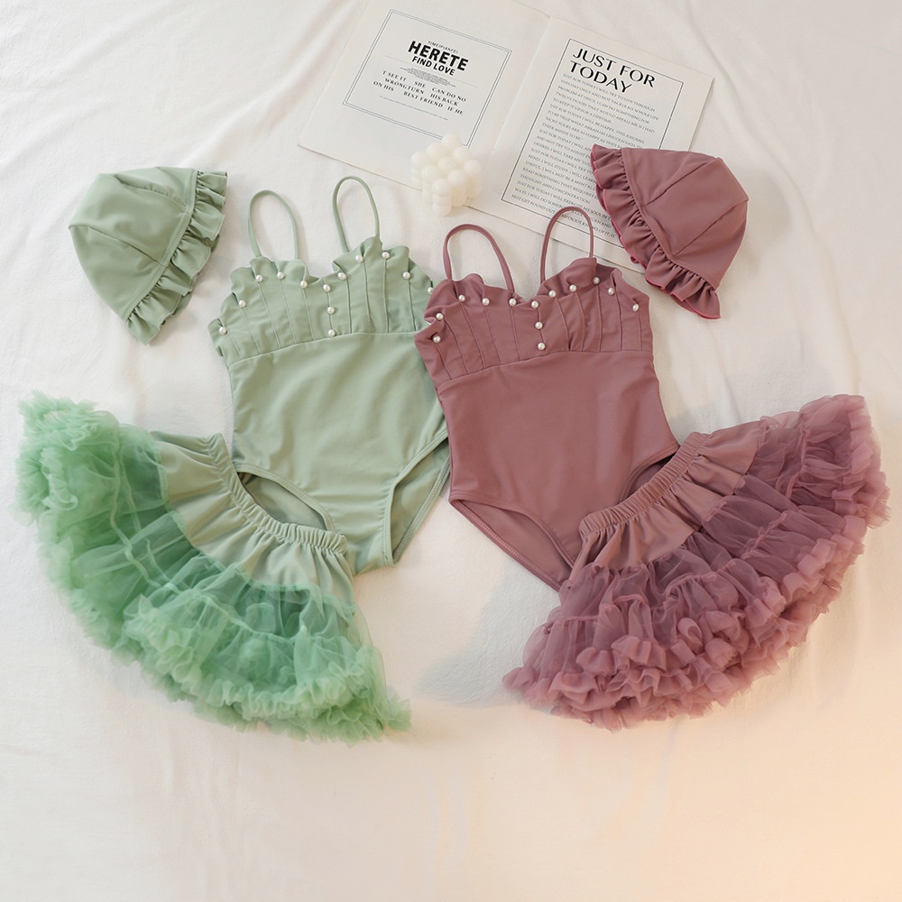 Đồ Bơi Một Mảnh Không Tay Đính Ngọc Trai Kèm Mũ Thời Trang Mùa Hè Cho Bé Gái 1-10 Tuổi