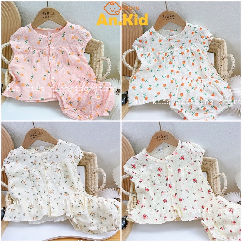 Bộ Xô Musline Cộc Tay Bé Gái 6-16kg Chất Mềm Mát Ren Phối Tay Bèo, Bộ Xô Mặc Hè Cho Bé - AN.KID