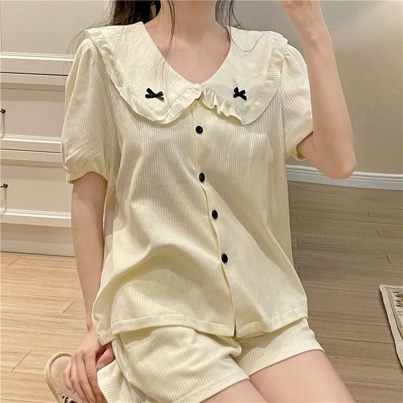 Bộ Đồ Ngủ Ngắn Tay Dáng Rộng Đính Nơ Ngọt Ngào Thời Trang Mùa Hè Mới Dành Cho Bạn Nữ