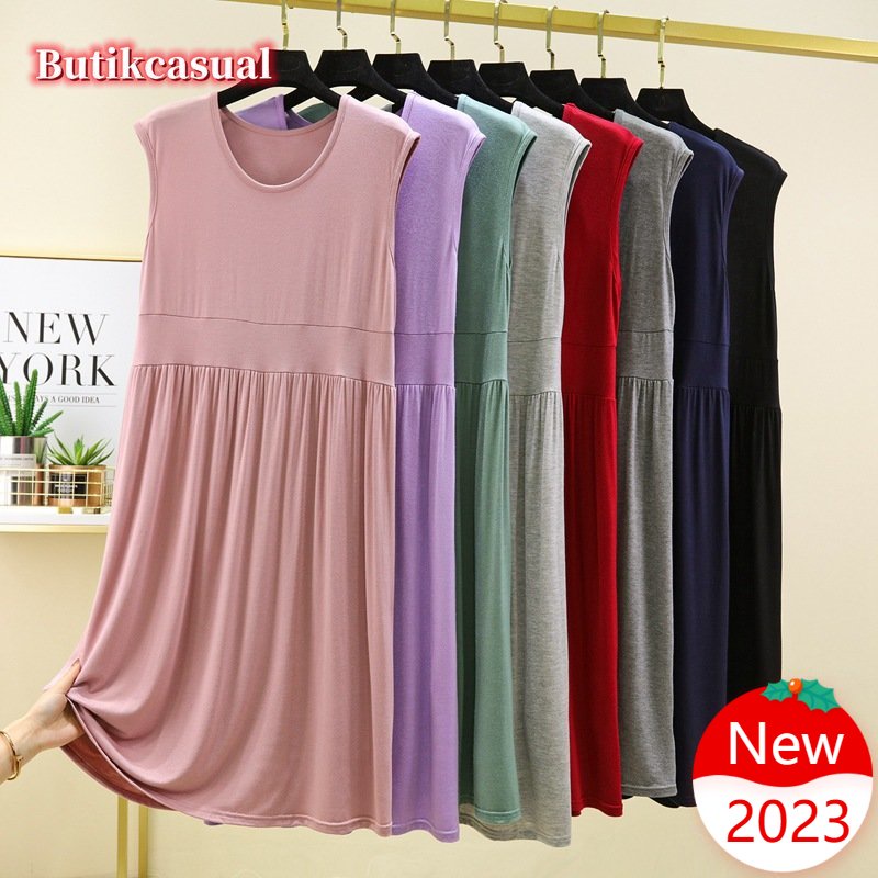 Đầm Cotton Modal Dáng Rộng Xếp Ly Màu Trơn Cổ Tròn Không Tay Thoải Mái Thời Trang Mùa Hè Cho Nữ