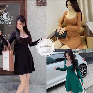 Đầm cúp ngực tay dài ( len tăm ) hình thật, đầm xoè đi chơi freesize