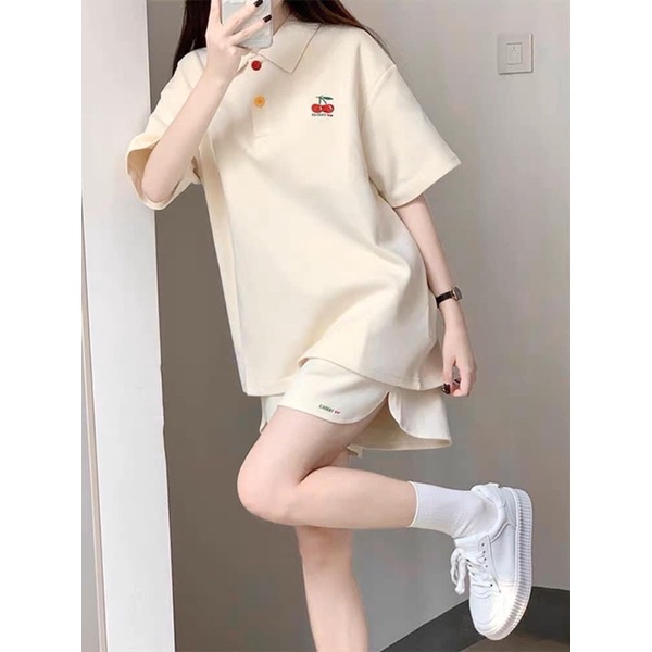 Bộ thun polo Cherry nữ [FREESHIP] Set đồ cotton dày form rộng áo kiểu mix quần sooc đùi bánh bèo cá tính ulzzang