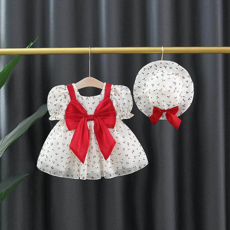 Set váy babydoll bé gái họa tiết cherry tay phồng kèm nón MINTSCLOSET Mint's Closet đầm trắng cho bé 1 2 3 tuổi - GS1147