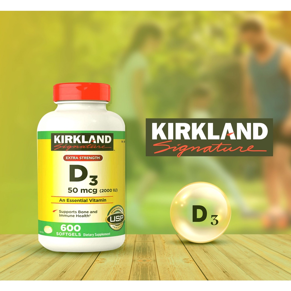 Viên uống Vitamin D3 Kirkland Extra Strength D3 50mcg 600 viên của Mỹ - Tăng cường sức khỏe của xương, răng, cơ.