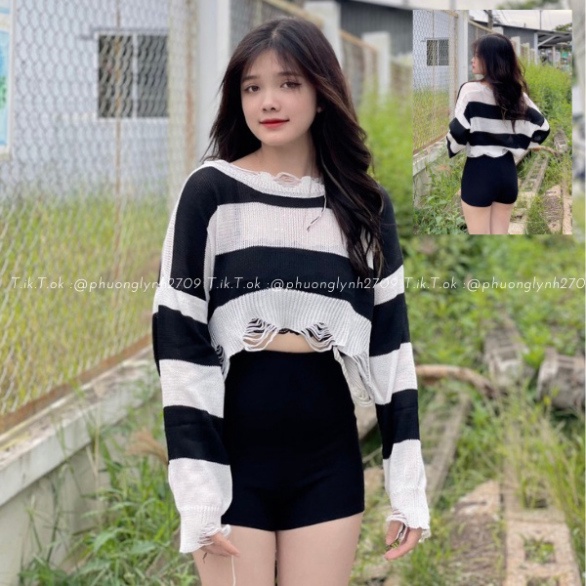Áo len mỏng croptop tay dài , áo len dệt kim kẽ sọc ,áo croptop tay dài trắng đen PLA11799