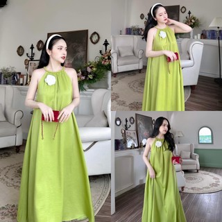 [3.3 Sales Freeship] Đầm lụa chéo cổ yếm dáng suông dài mặc đi biển, đầm yếm babydoll đính hoa trước ngực nữ tính