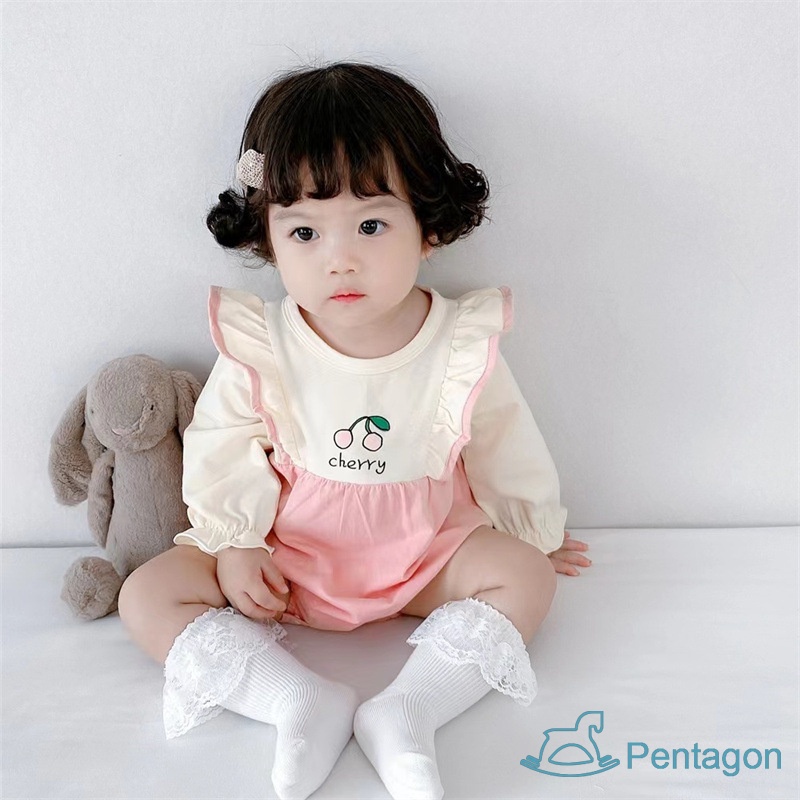 Bộ Áo Liền Quần Tay Dài Cổ Tròn In Họa Tiết Cherry Dễ Thương Thời Trang Cho Trẻ Sơ Sinh