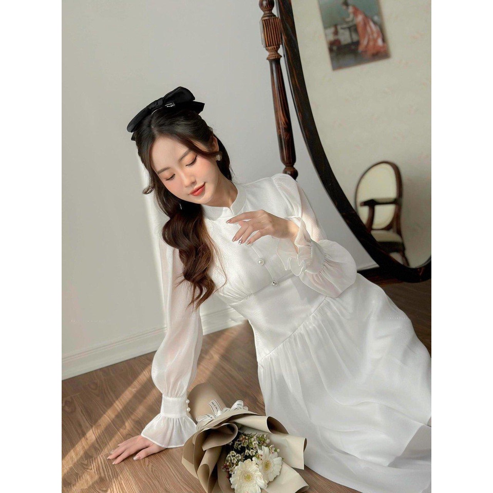 Đầm Tiểu Thư Thiết Kế Dáng Dài Cổ Trụ Kiểu Dáng Nữ Tính Đi Dự Tiệc Màu Trắng | ROSE CLOTHING D0688