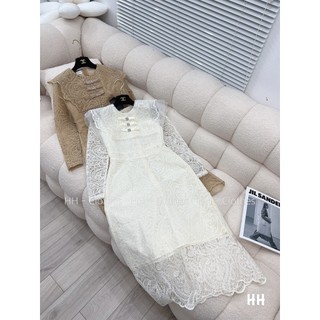 Đầm Ren Dài Tay Lỡ Nơ Cổ