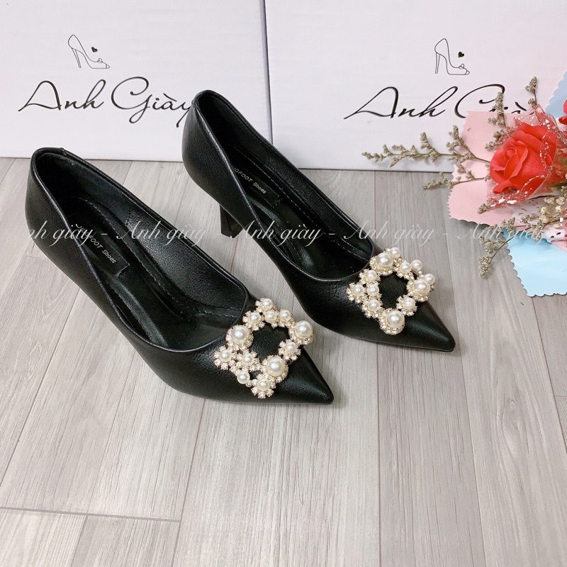 CG81 - Giày cao gót da lì mũi nhọn khoá vuông ngọc gót nhọn 7p cực chắc chắn