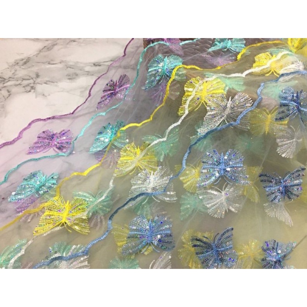 Tấm Vải Ren Lưới Thêu Hình Bướm Đính Kim Sa Lấp Lánh Dùng May Quần Áo DIY