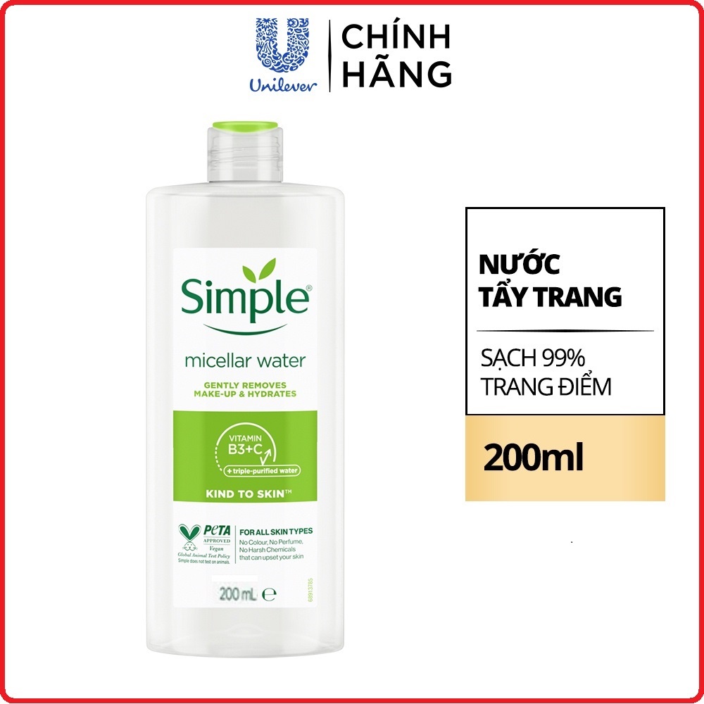 Nước tẩy trang Simple Micellar làm sạch trang điểm vượt trội và cấp ẩm tức thì cho da 200ml ( Mẫu Mới )