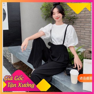 Quần yếm ống rộng dáng dài cho nữ công sở đi chơi cạp cao chất liệu vải chéo Hàn cao cấp - ME STORE