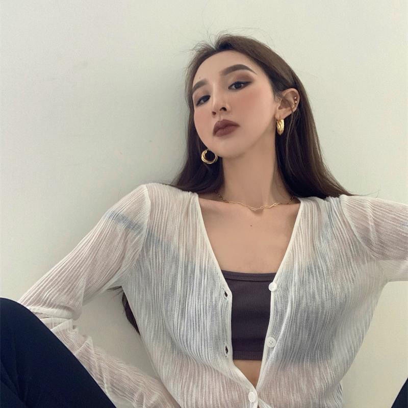 Áo Khoác Cardigan Chống Nắng Cổ Chữ V Tay Dài Dáng Ngắn Vải Lụa Lạnh Mỏng Thời Trang Mùa Hè Cho Nữ