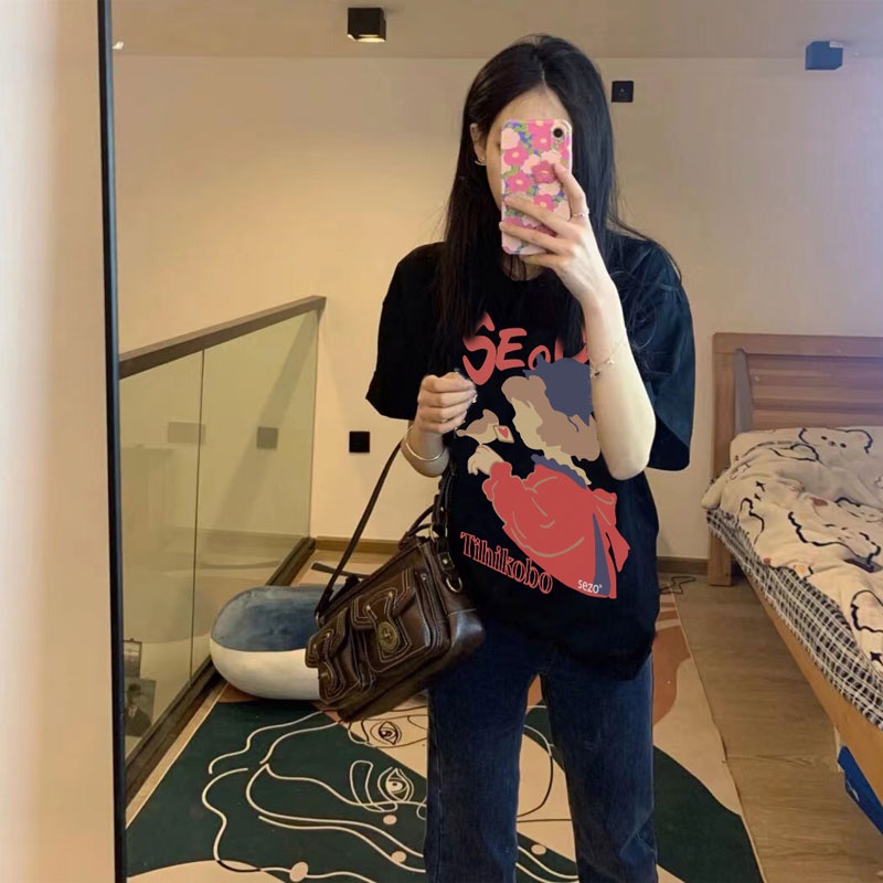 Kumikumi Áo Thun Tay Ngắn Cổ Tròn In Hình Phong Cách retro Mỹ Thời Trang Mùa Hè Cho Nữ