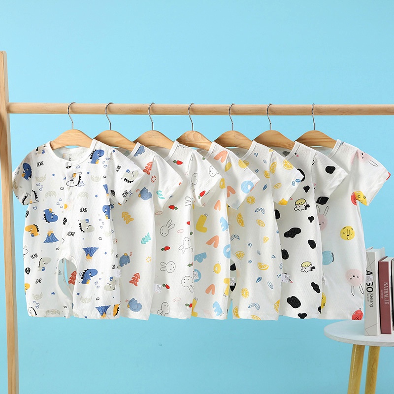 Áo Liền Quần Bằng cotton Tay Ngắn In Hình Mặt Trăng Dễ Thương Dành Cho Bé Sơ Sinh 0-1 Tuổi