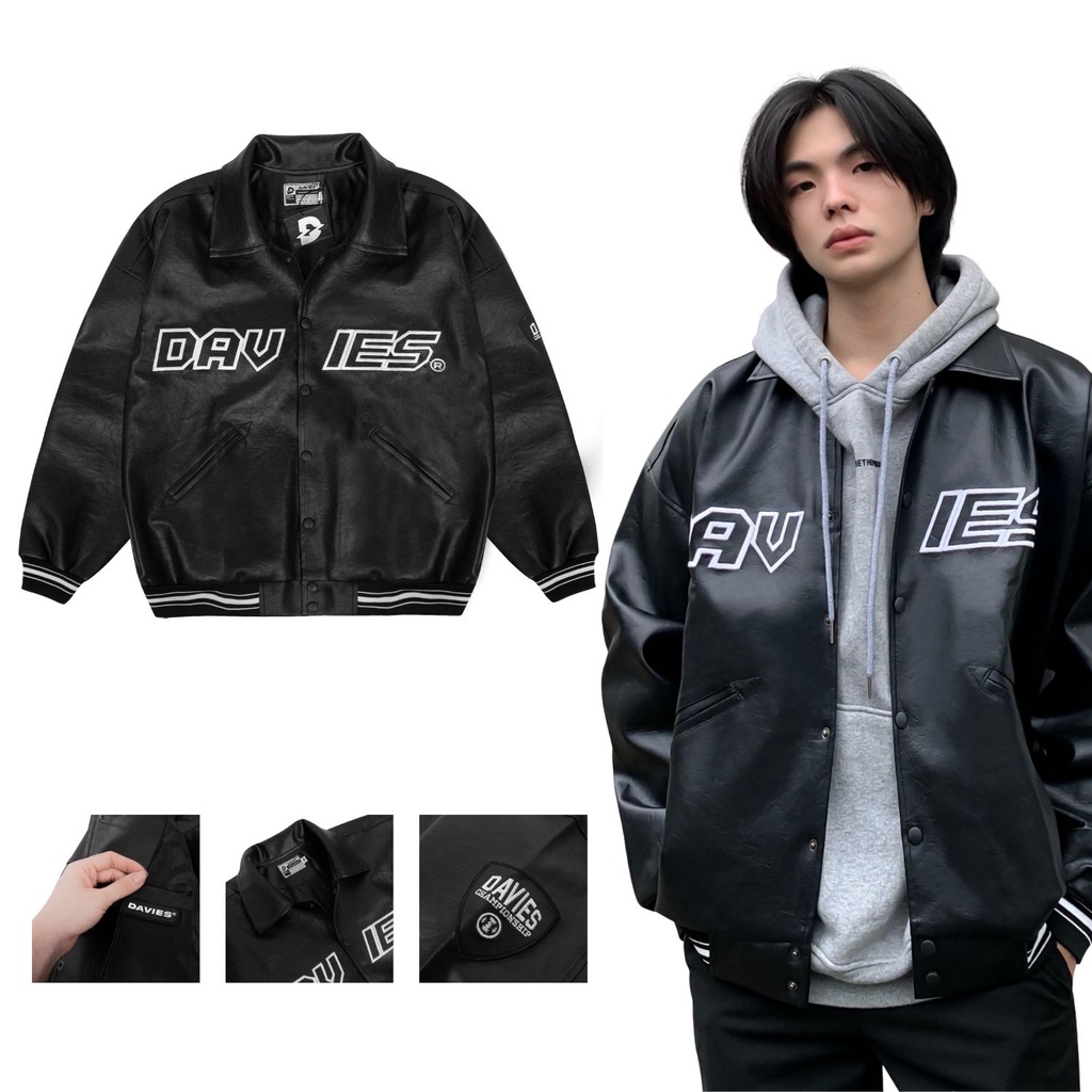 Áo khoác bomber bóng chày da thêu chữ Davies Leather Varsity Jacket màu đen| D20-AK6
