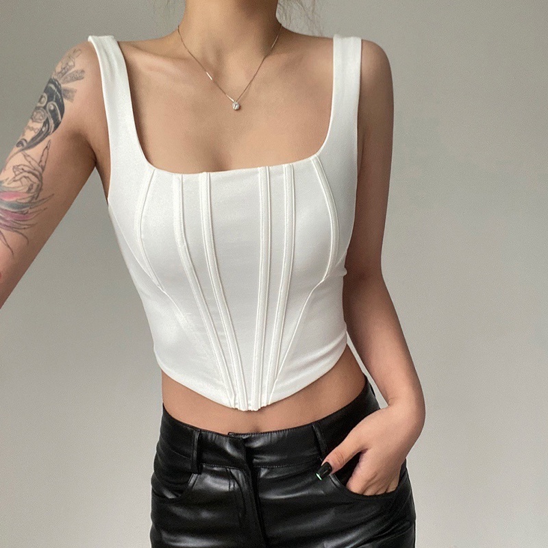 [] - Áo Tank Top Sát Nách Cổ Vuông Màu Trơn Dáng Ôm Thời Trang Mùa Hè Dành Cho Nữ