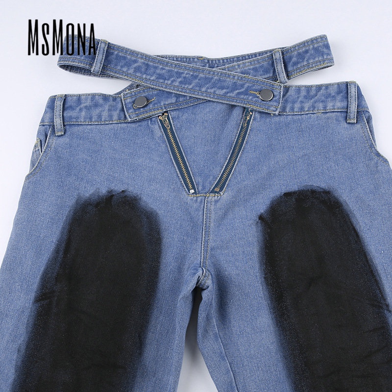 MsMona Quần Jean Dài Dáng Rộng Phối Màu Tương Phản Thời Trang 2023 Cá Tính Cho Nữ