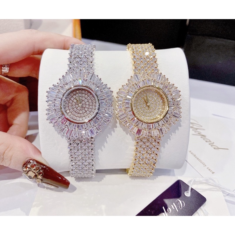 Đồng hồ nữ chopar mặt tròn đính đá dây kim loại