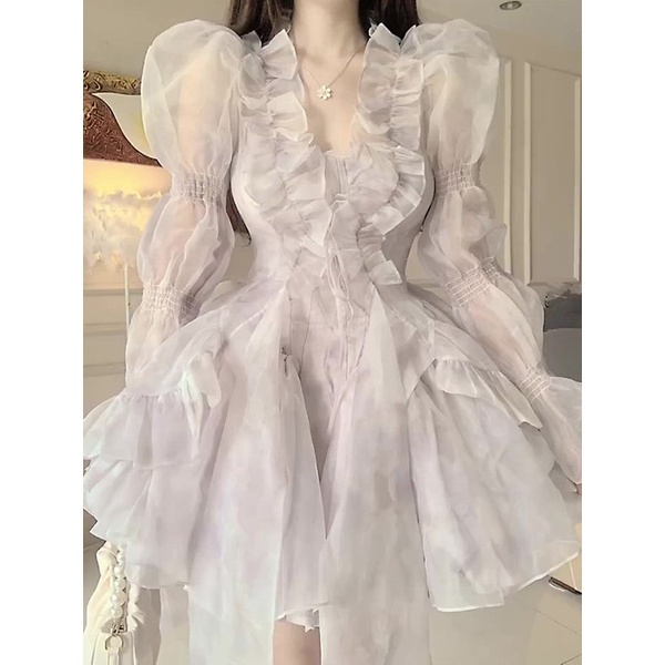 Set Áo Cardigan Tay Chuông Dáng Dài + Đầm Phồng Thời Trang Mùa Xuân Phong Cách Pháp Mới Cho Nữ
