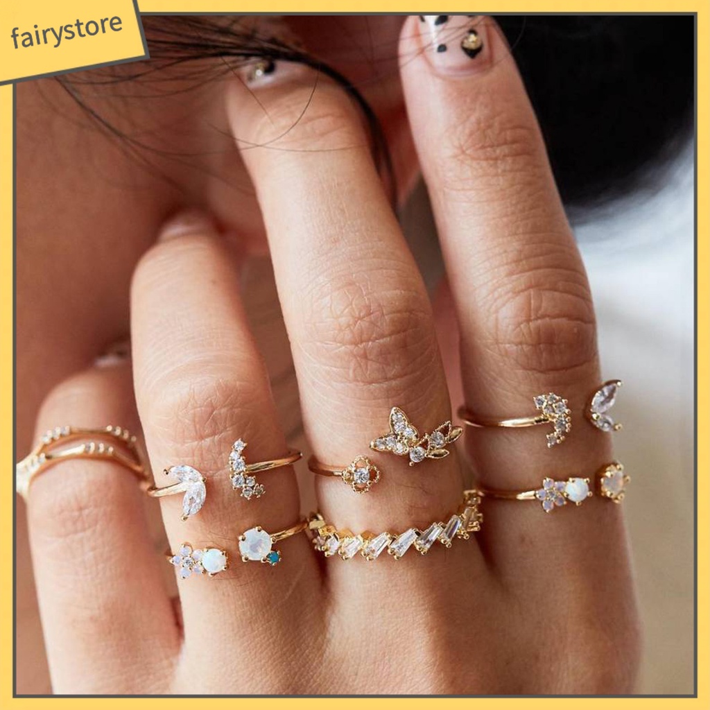 Set 1 / 7 Nhẫn Hở Đính Đá Lấp Lánh Chống Mài Mòn Thời Trang Cho Nữ