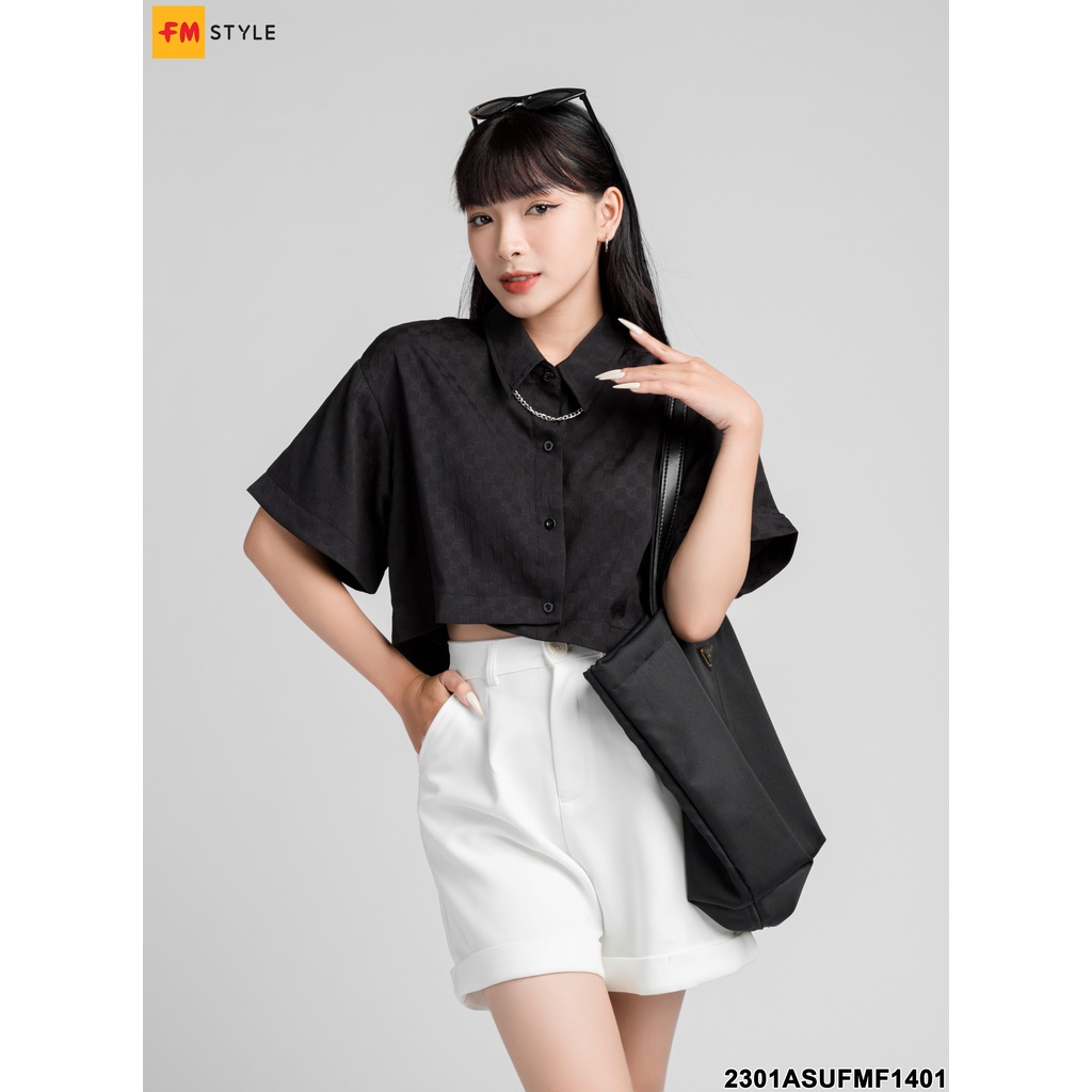 Áo sơ mi nữ FM STYLE cổ bẻ dáng croptop vạt chéo chất vải xốp dập nổi thời trang thiết kế phong cách cá tính 23010882