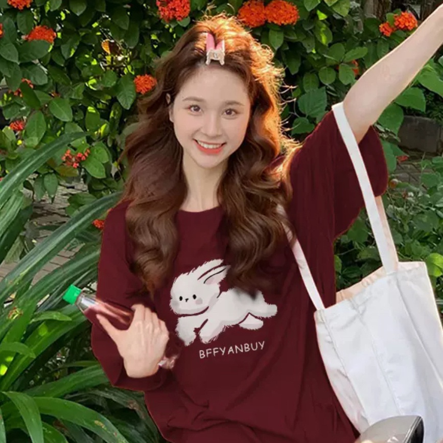 Áo thun SUXI tay ngắn cổ tròn dáng rộng cotton in họa tiết thời trang mùa hè cho nữ