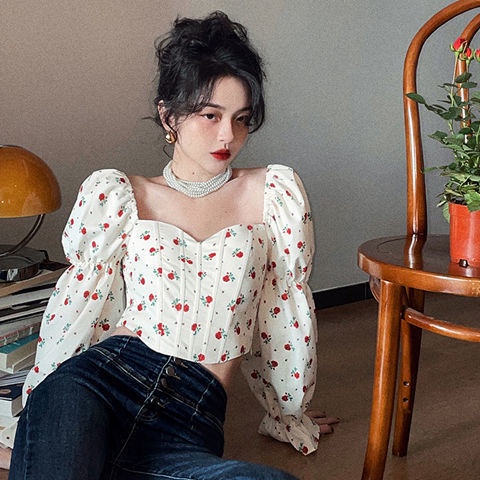 COZOK Áo kiểu COZOK tay phồng cổ vuông họa tiết hoa phong cách vintage thời trang