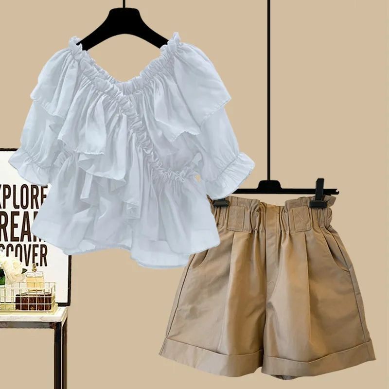 Áo Sơ Mi Chiffon Cổ Chữ V Phối Bèo + Quần Short Thời Trang Mùa Hè Phong Cách Pháp Cho Nữ