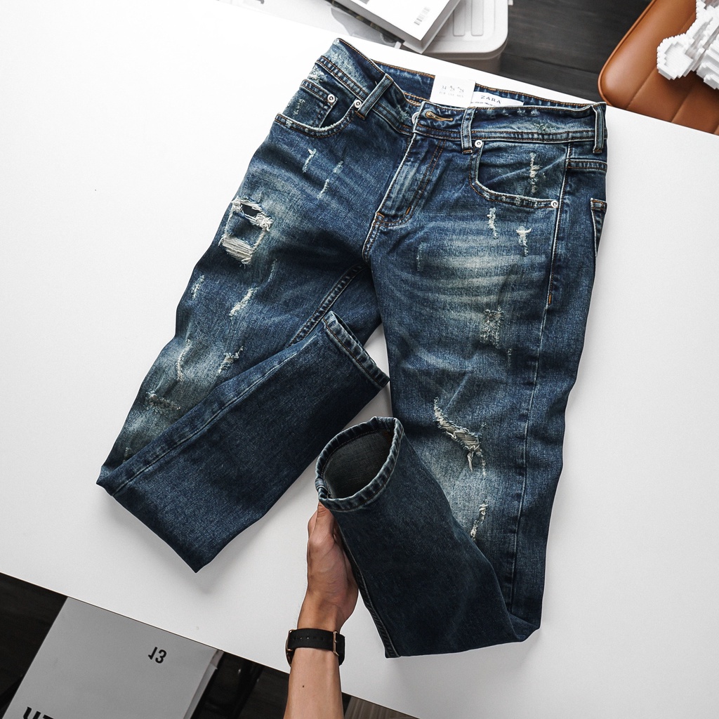 Quần jean nam Z.RA xanh wash rách , trẻ trung, form slimfit, hàng chính hãng dư xịn xuất khẩu -ZR604