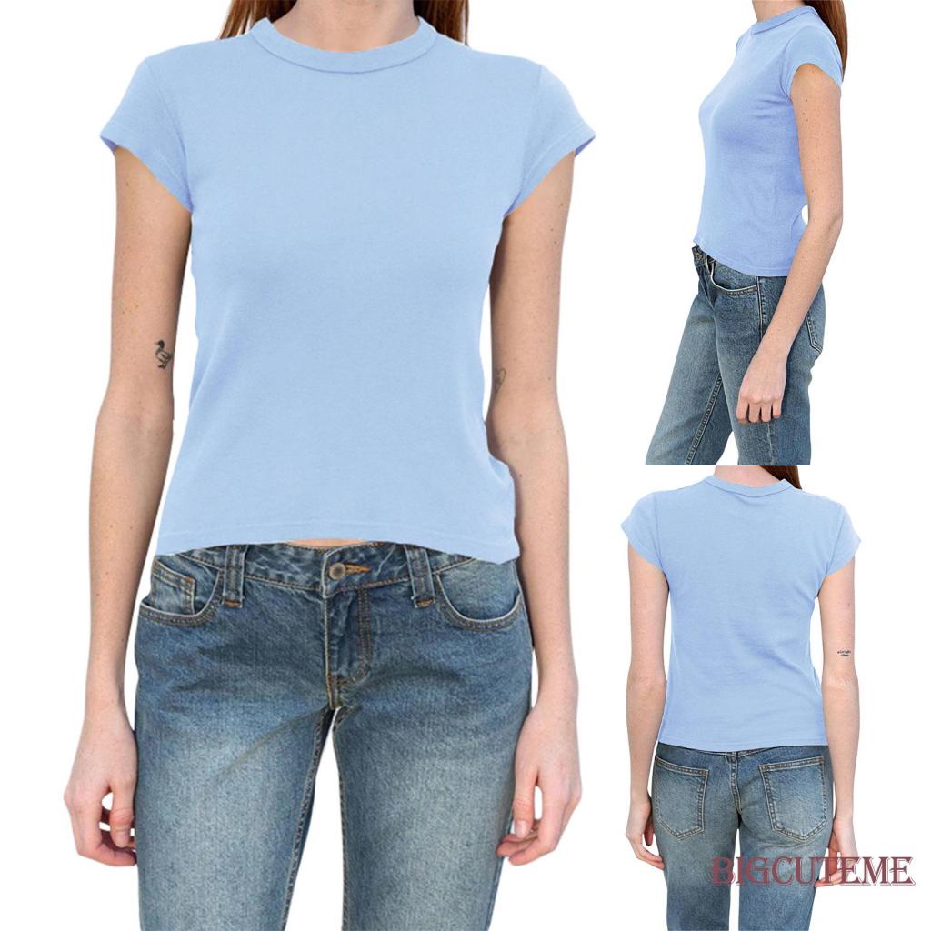 Áo Thun Tay Ngắn Cổ Tròn Màu Sắc Đơn Giản Thời Trang Mùa Hè Cho Nữ