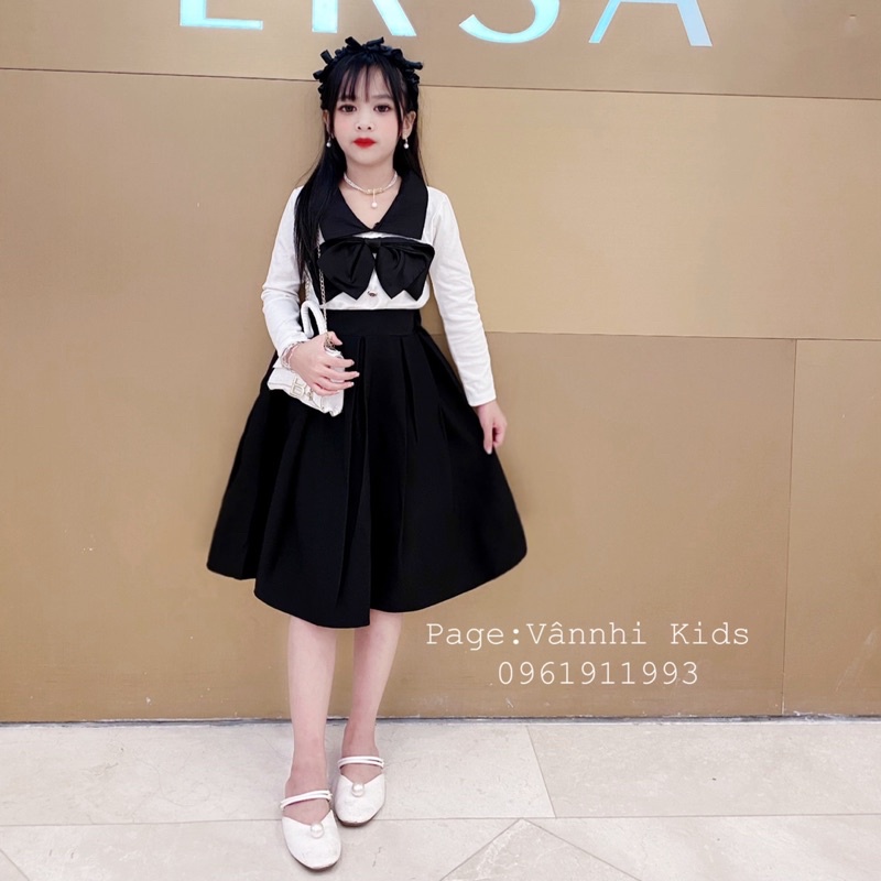 Set áo nơ + chân váy dài Tiểu Thư vingate cho bé size đại 17kg-41kg