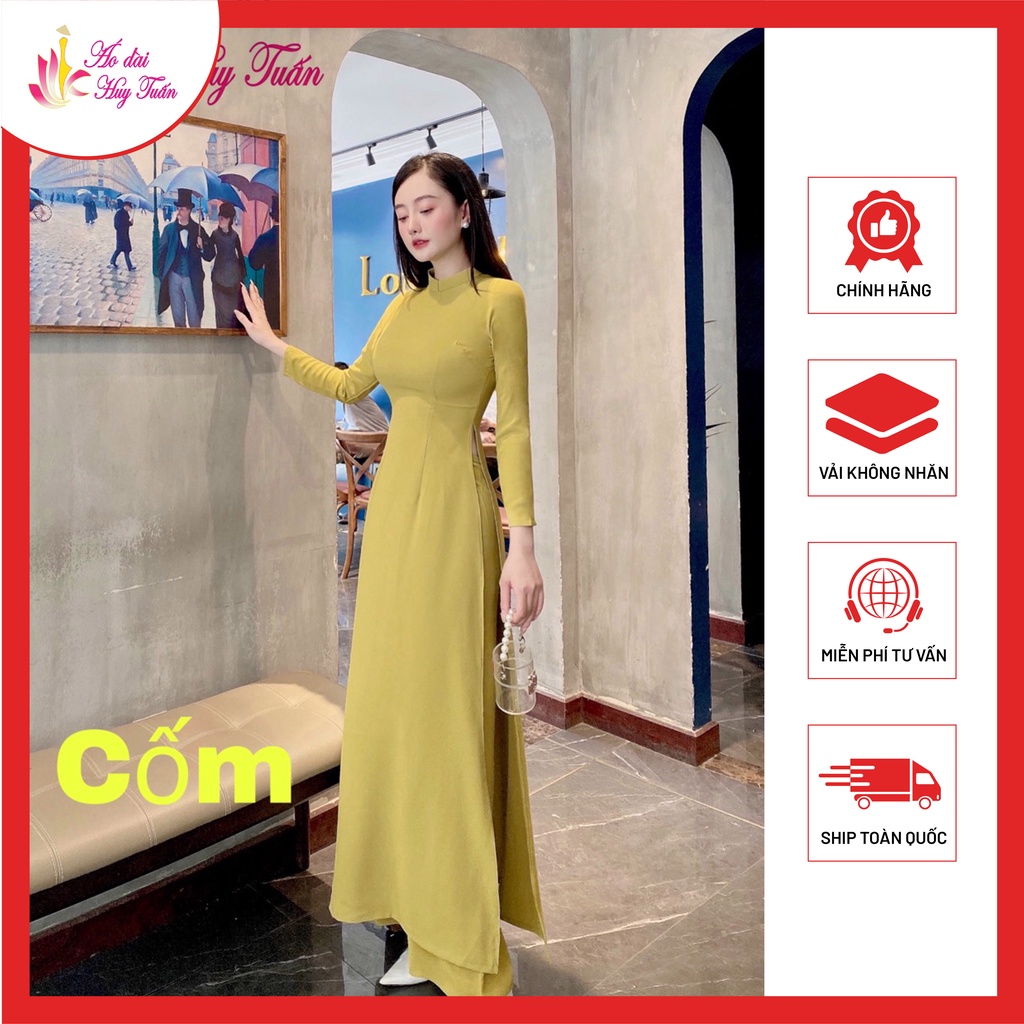 Bộ áo dài truyền thống lụa Mỹ cổ 2 phân màu cốm, co giãn 4 chiều thấm hút mồ hôi, vải mềm mịn, thoáng mát