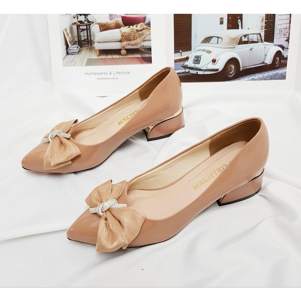 Giày cao gót nữ giày gót vuông 3cm giày búp bê nơ đá 3P