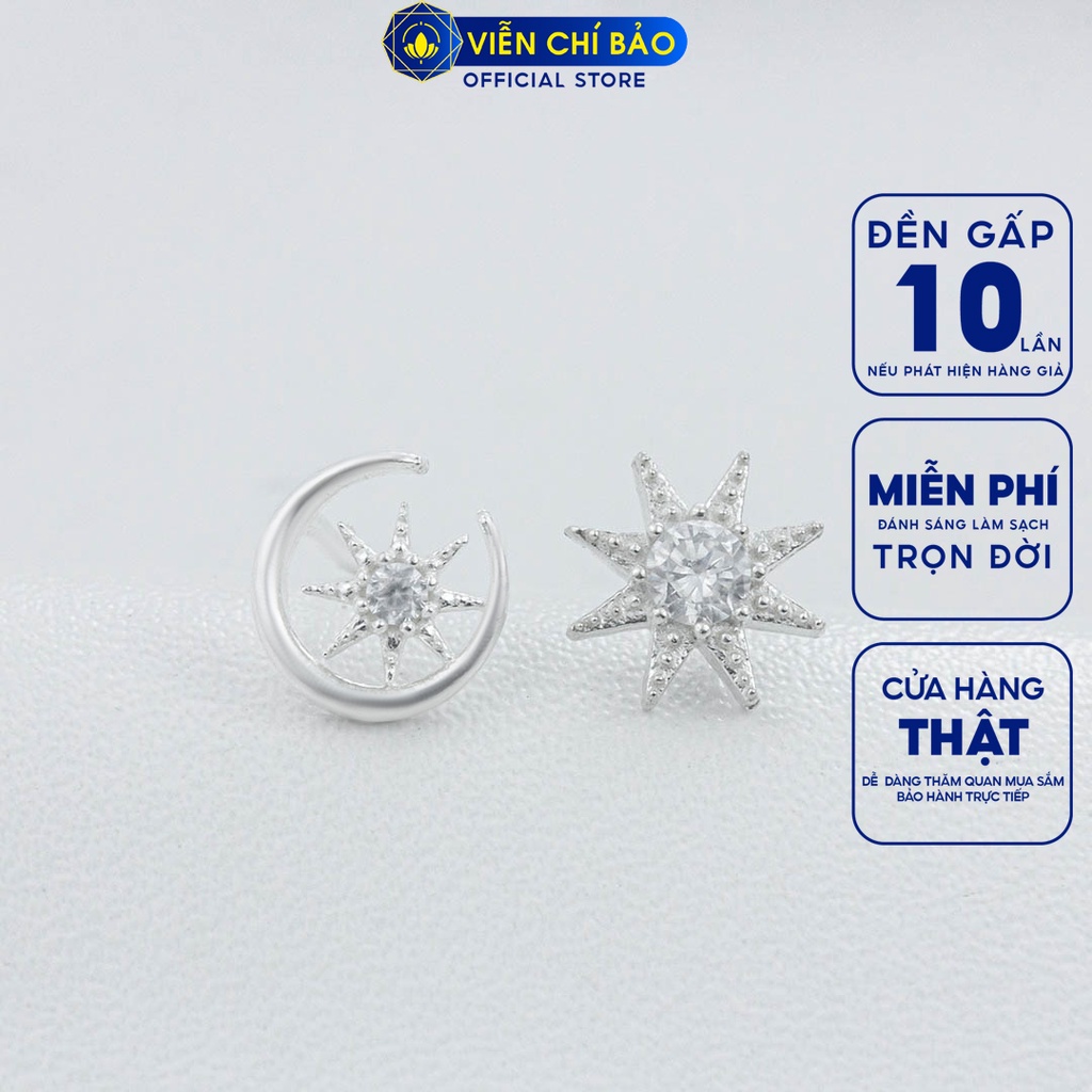 Khuyên tai bạc nữ trăng sao đối xứng chất liệu bạc 925 thời trang phụ kiện trang sức Viễn Chí Bảo E017
