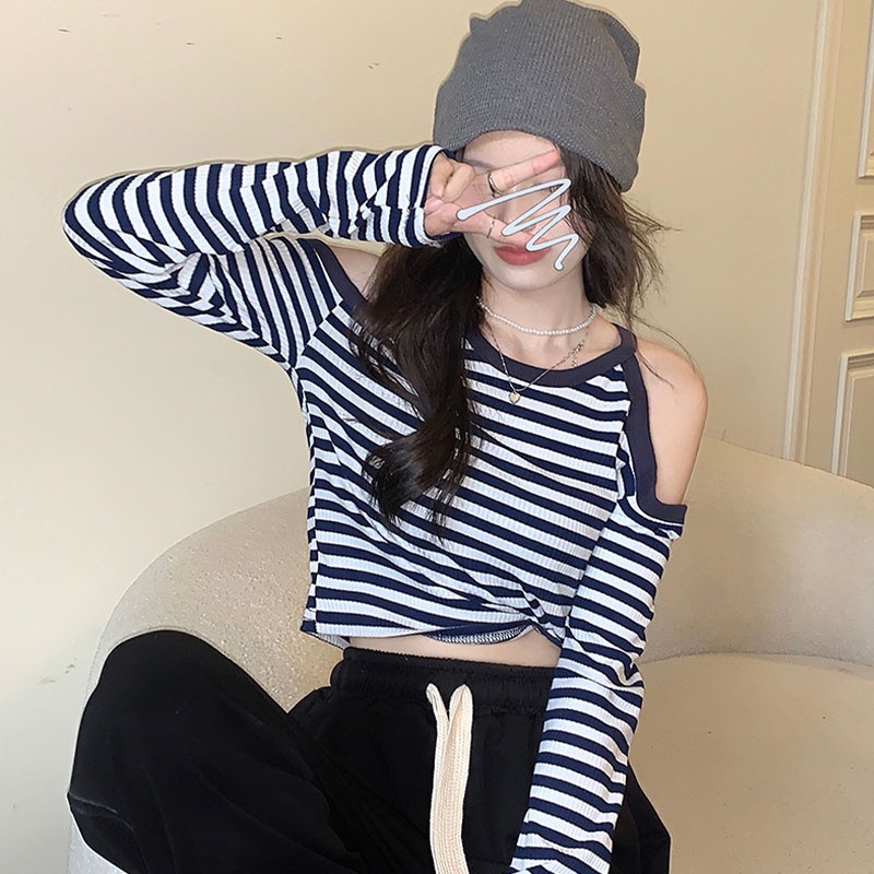 Áo Thun Tay Dài Cổ Tròn Hở Vai Họa Tiết Kẻ Sọc Màu Sắc Tương Phản Phong Cách Hàn Quốc Dành Cho Bạn Nữ áo croptop