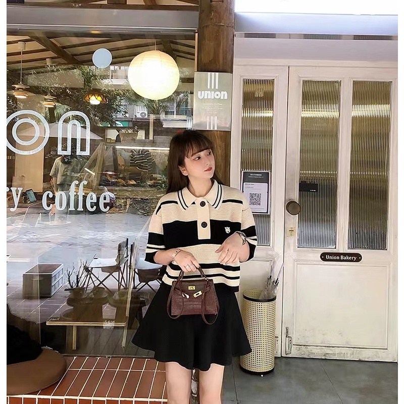 Áo polo SUXI dáng rộng kẻ sọc màu cổ điển dễ phối đồ thời trang cho nữ