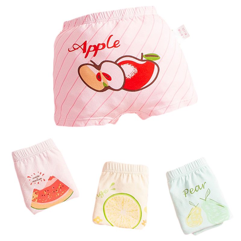 Bộ 4 Quần Lót Boxer Cotton In Họa Tiết Trái Cây Hoạt Hình Cho Bé Gái