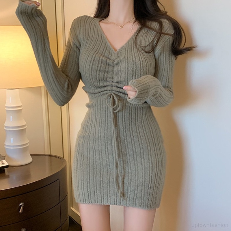 Đầm Dệt Kim Tay Dài Màu Sắc Đơn Giản Phối Dây Rút Thời Trang Cho Nữ
