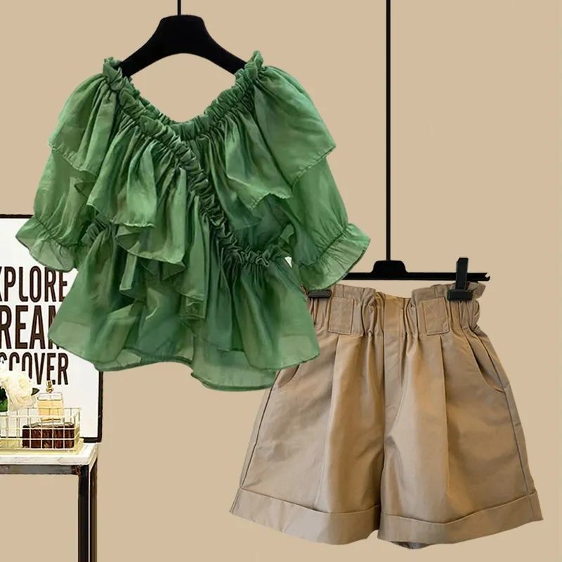 Áo Sơ Mi Chiffon Cổ Chữ V Phối Bèo + Quần Short Thời Trang Mùa Hè Phong Cách Pháp Cho Nữ