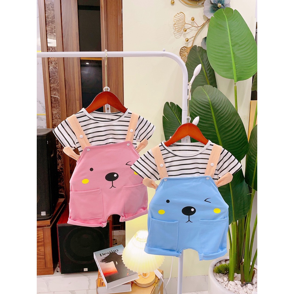 Set yếm kèm áo kẻ mẫu in mặt cún cho bé trai bé gái