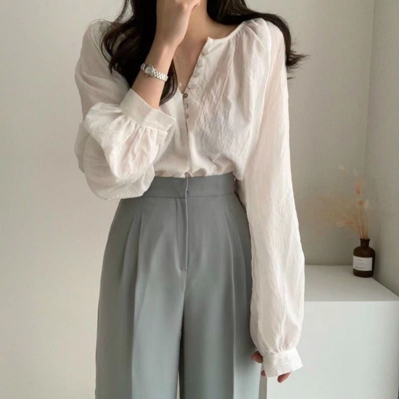 Áo Sơ Mi Tay Dài Cổ Tròn Màu Sắc Đơn Giản Phong Cách Hàn Quốc