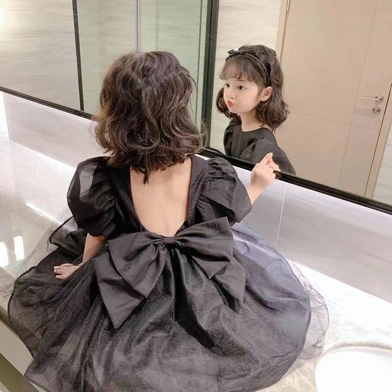 Đầm Công Chúa Tay Ngắn Đính Nơ To Hở Lưng Màu Đen Và Hồng Dành Cho Bé Gái 0-4 Tuổi