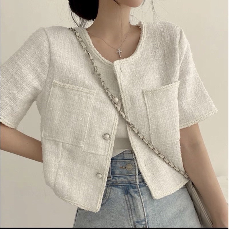 Áo Dạ Tweed Dáng Lửng Tay Cộc Phong Cách Hàn Quốc Siêu Xinh_ Hàng Order QCCC Kèm Ảnh Thật