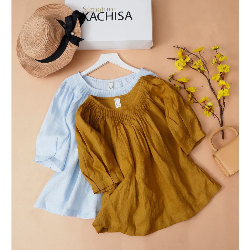 Áo ngắn tay nữ cổ thuyền KACHISA 835, dáng áo linen mềm mại xếp li, thời trang