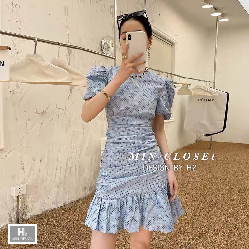 Váy Chấm Bi Xanh Nhún Eo Đuôi Cá Ngắn Tay Cao Cấp, Đầm Dáng Ngắn Nhún Eo Chấm Bi